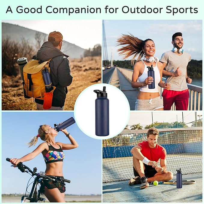 DOMICARE 40 oz Insulated Water Bottle, Vacuum Insulated Stainless Steel Sports Water Bottle with Straw Lid & Spout Lid, Leakproof, Reusable - Travel, Camping, Bike, Navy Blue