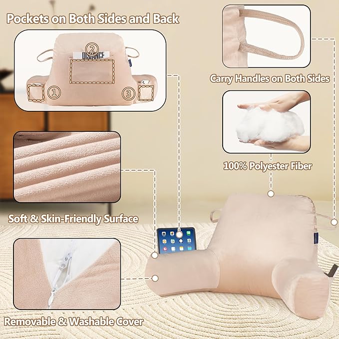 Portable Comfy Reading Pillows for Sitting in Bed Adult(Khaki Oeko-Tex), Velvet Bed Pillow with Arms & Pockets,Elastic Sponge & Washable Cover,Back Pillow for Reading/Watching/Gaming/Resting