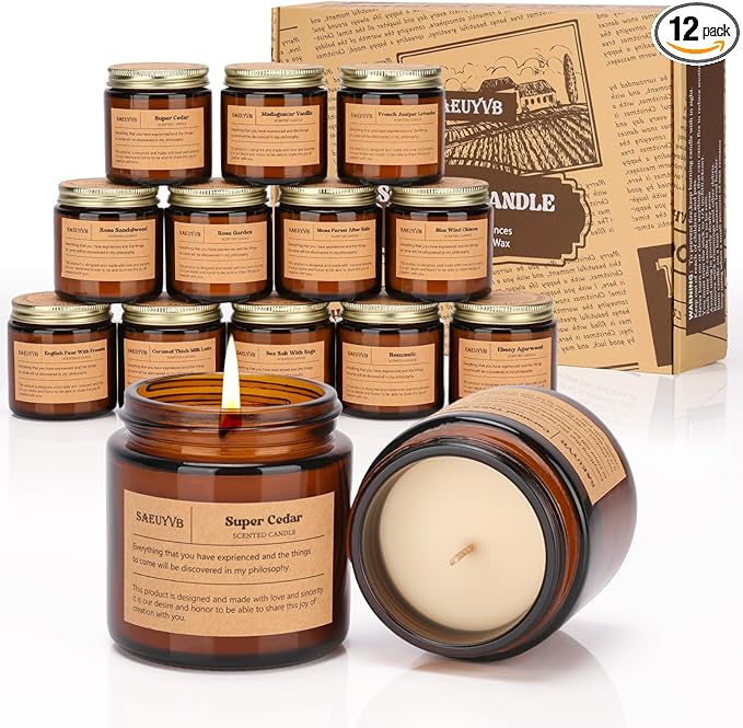 12 Pack Candles for Home Scented,Scented Candles Gift Set for Women &Men,Natural SoyCandles(Amber Jar),Aromatherapy Candle Set for Birthday Valentine Anniversary Mother's Day Christmas