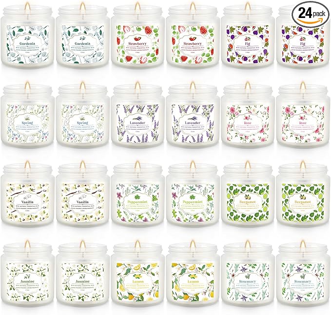 24-Pack White Frosted Scented Candles Set - 3.5oz Assorted Floral & Fruit Fragrances,Odor Eliminating,for Home Decor, Gifting & Relaxation.