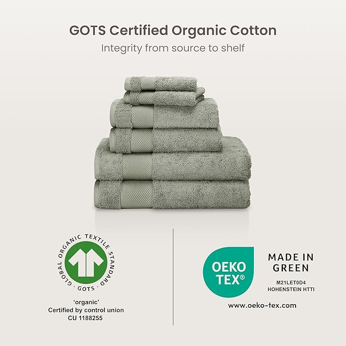BIOWEAVES 100% Organic Cotton Bath Towel Set | 700 GSM Plush 6-Piece Premium Towel Set GOTS Certified, 2 Bath Towels, 2 Hand Towels & 2 Washcloths - Sage