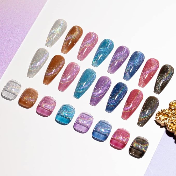 Rainbow Cat Eye Nail Gel Polish Set, Sparkle Holographic 9D Cateye Nail Polish Gels Magnetic Gel Soak Off Lamp Gels Varnish Nail Salon Kit (0.24fl oz)