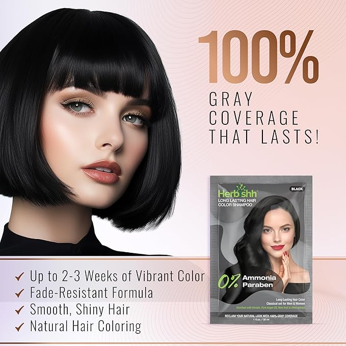 Herbishh Black Shampoo for Gray Hair, Hair Dye Shampoo 3 in 1, 100% Grey Coverage, Instant Permanent Shampoo for Men & Women, Long-lasting & Travel-friendly, Ammonia-free, 30 ml (Pack of 5)