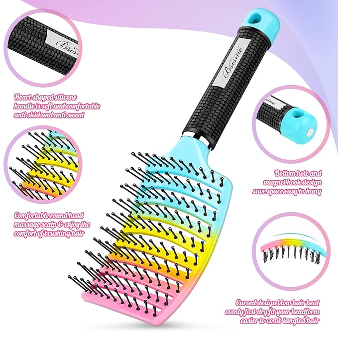 Curved Vented Paddle Brush - Faster Blow Drying, Detangling for Women & Men, Professional Styling for Wet, Curly, Thick or Straight Hair (colourful)