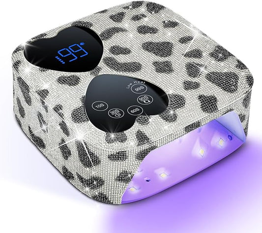 UV LED Nail Lamp Cordless, HUITINE 80W Rechargeable UV Light for Gel Nails with 5 Timers & Mirror Base, Professional Gel Light Dryer, Sparkling Rhinestones Curing Lamp for Salon & Home (Cow Diamond)