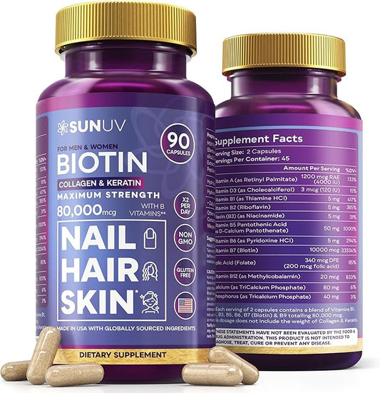 SUNUV Biotin 10000mcg with Collagen & Keratin - 80000mcg Hair Growth Vitamins for Women & Men,Skin & Nails Support - Hyaluronic Acid & Vitamins B1,B2,B3,B5,B6,B9,B12 -Made in USA-90 Capsules