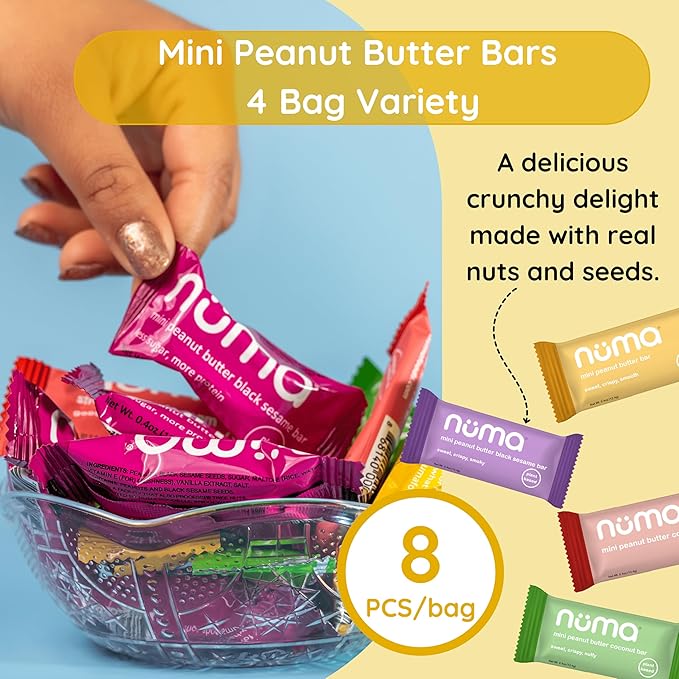 Mini Peanut Butter Bars Variety Pack – Vegan, High Protein, Low Sugar, Low Calorie, All Natural, Gluten Free – Crunchy Plant Based Snack – 4 Bags with 8 Individually Wrapped Pieces