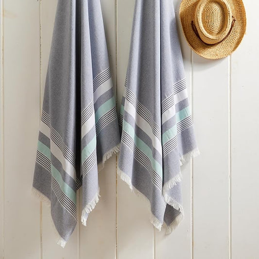The Good Earth | 2 Pack Oversized Turkish Beach Towel Set Made of 100% Cotton | Luxury Turkish Beach Towels 35" x 78" | Turkish Beach Towels Oversized | Designed in USA | Safaga - Blue