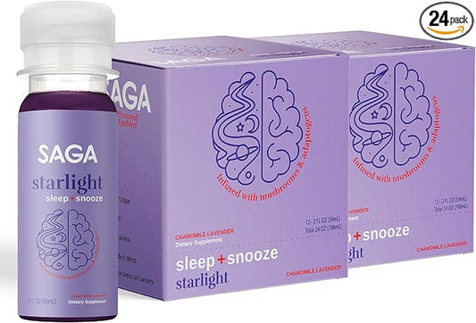 SAGA Starlight Organic Sleep Shots – 2oz Natural Sleep Aid with Melatonin, Reishi, Valerian Root, Ashwagandha, Chamomile – Sugar-Free, Zero Calories, Mushroom Drink