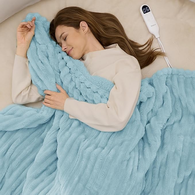 Bedsure Electric Blanket Full Size - Thick Striped Flannel Heated Blanket with 6 Heat Settings, 10 Time Settings, 8-Hour Timer Auto Shut Off, Gifts for Grandma (72x84 inches, Light Blue)
