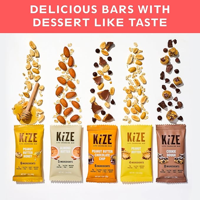 KiZE Energy Bars - Best Sellers Variety Pack - Gluten Free, Dairy Free Options, Non-GMO, and High Protein Meal Replacement Energy Bars, Clean and Simple Food Ingredients - 7-10g High Protein Snacks, (10 Count)