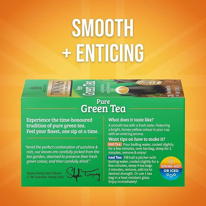 Twinings Pure Green Tea Individually Wrapped Bags, 20 Count (Pack of 6), Smooth Flavour, Enticing Aroma, Caffeinated, Enjoy Hot or Iced, 120 Teabags