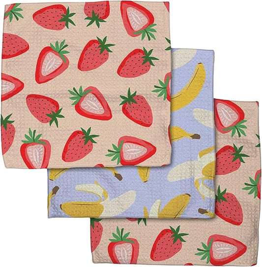 GEOMETRY Kitchen Dish Cloths - Spring & Summer Collection - Premium Dishcloths with Geoweave - Absorbent & Fast Drying Kitchen Towels - Strawberry Banana, 10" x 10" - 3-Pack