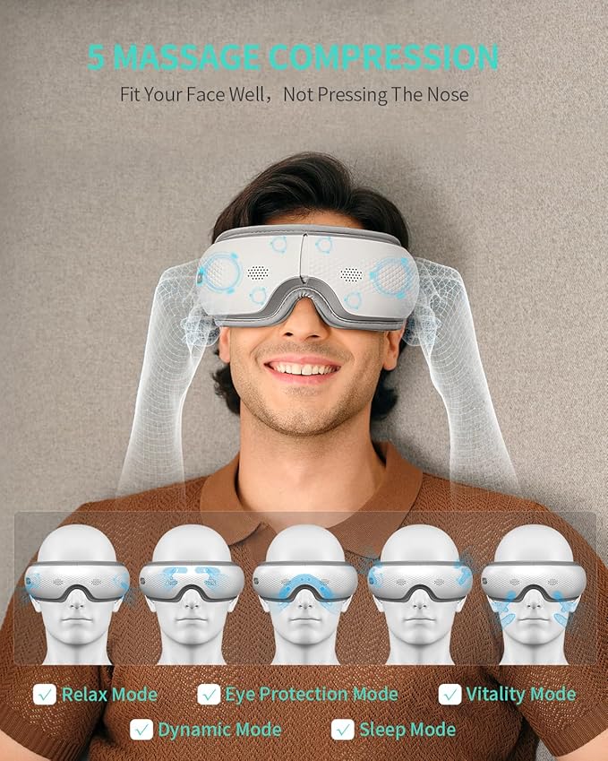 SKG Eye Massager with Heat & Music, Foldable Eye Mask for Migraine & Strain, 5 Massage Modes, Perfect Relaxation Birthday Gifts for Dad, Mom, Men, Women