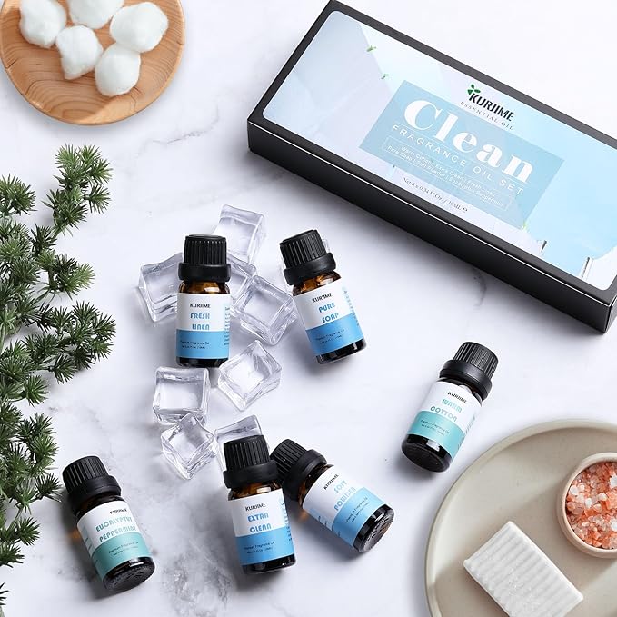 Essential Oils Set, Clean Scents Fragrance Oil Essential Oils for Diffuser Aromatherapy - Fresh Linen, Extra Clean, Warm Cotton, Soft Powder, Pure Soap, Eucalyptus Peppermint, 6x10ml