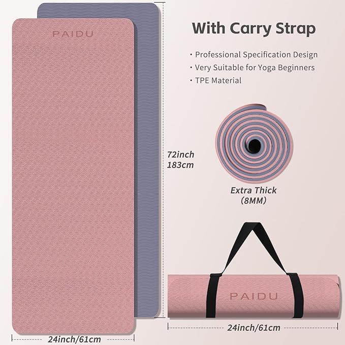 Yoga Mat 8mm Super Thick TPE Fitness Mat | SGS Certified | Non-Slip, Odorless & Tear-Resistant | Unisex with Strap | for Yoga, Pilates, Meditation & Home Workouts