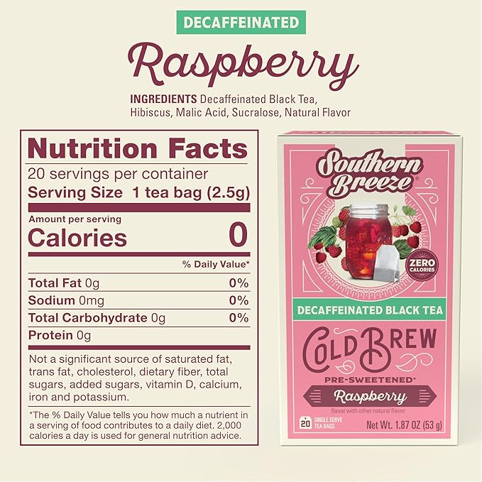 Southern Breeze Decaf Cold Brew Sweet Tea Raspberry Iced Tea with Black Tea and Zero Carbs Zero Sugar, 20 Individually Wrapped Tea Bags, Pack of 4