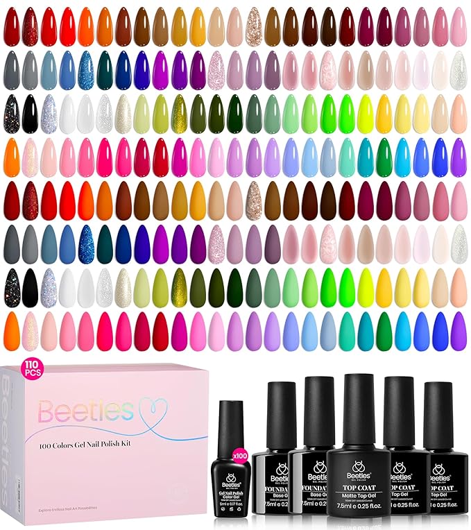 Beetles Gel Nail Polish Set - Chroma Dreams 100 Colors Polish Kit, Pink Blue Orange Purple Fall Winter Gel Nail Colors, with 5Pcs Base Top Coat Soak off UV Gel