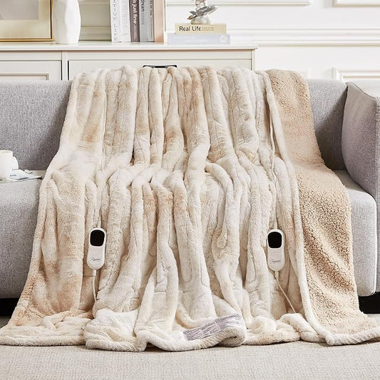 Homemate Electric Heated Blanket Queen Size - 84"x90" Heating Blanket Queen Size Dual Control 1/2/4/6/8 Hours Auto-Off 10 Heat Level Over-Heat Protection Luxury Faux Fur Sherpa ETL Certification