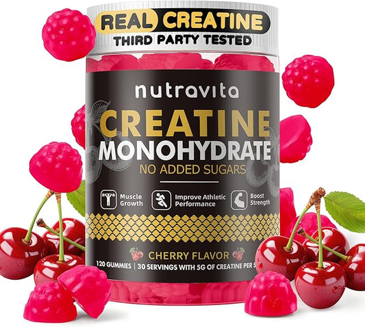 Nutravita Creatine Monohydrate Gummies for Men & Women-5g of Creatine Monohydrate per Serving - Sugar Free,Vegan, Cherry Flavor, 120 Count