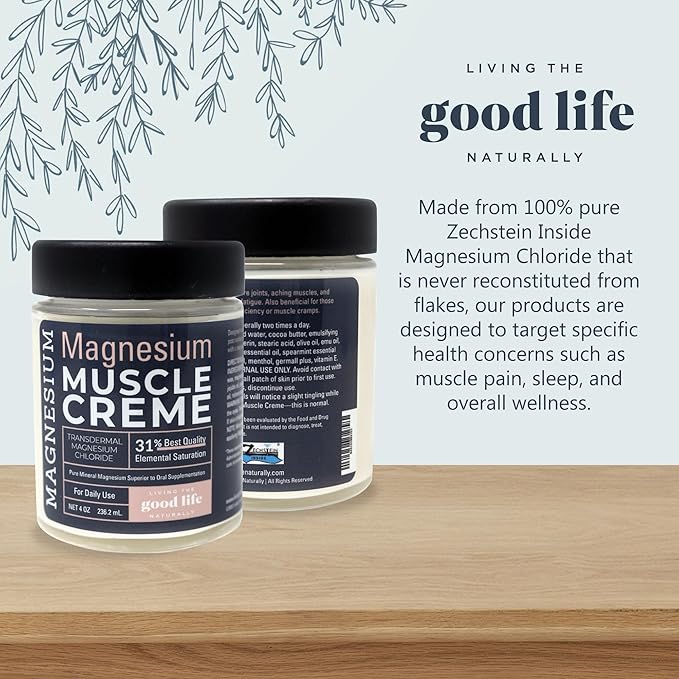Magnesium Muscle Creme by Living the Good Life Naturally - Transdermal Magnesium Lotion for Pain with Blue Emu, Peppermint, Menthol, and Magnesium Chloride for Muscle Recovery AM or PM - 4oz