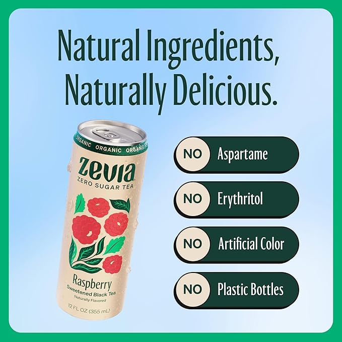 Zevia Zero Sugar Tea, Black Tea with Raspberry, 12 oz Cans (12-Pack) – Naturally Sweetened, Zero Calorie Sugar Free - Non-GMO Project Verified, Gluten-Free, Vegan