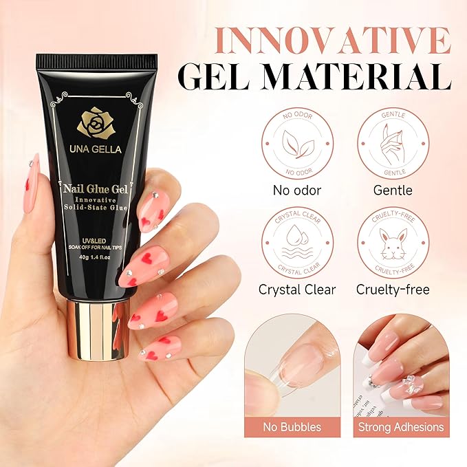 UNA GELLA Gel Nail Glue, Solid Nails Gl ue Gel 40ml Lamp Curing Needed Soak Off G LUE Strong Nail G LUE G el for Acrylic Fake Nails Tips Extension Press On Nails for Gelly Tips