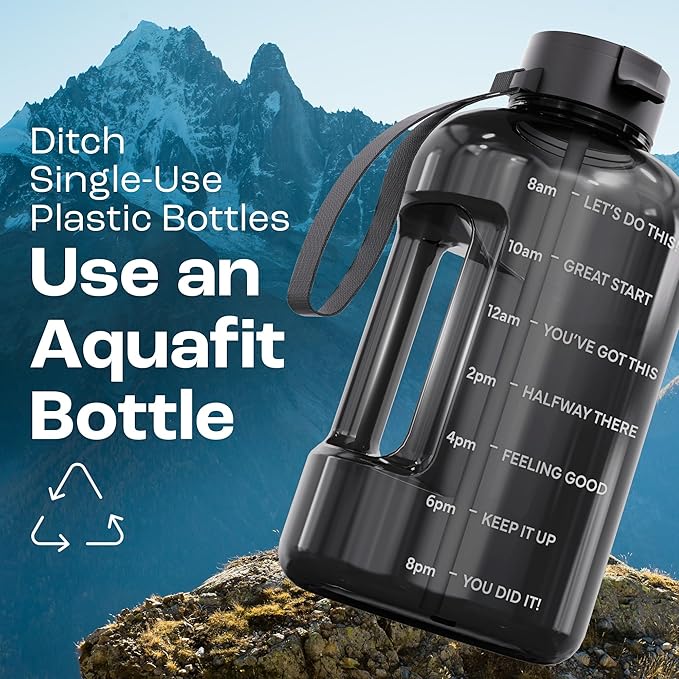 AQUAFIT Half Gallon Water Bottle with Time Marker - Straw & Chug Lid - BPA Free Gym Water Bottle with Straw - Big Gallon Jug (Midnight Gray, 64 oz - 2 Lids)
