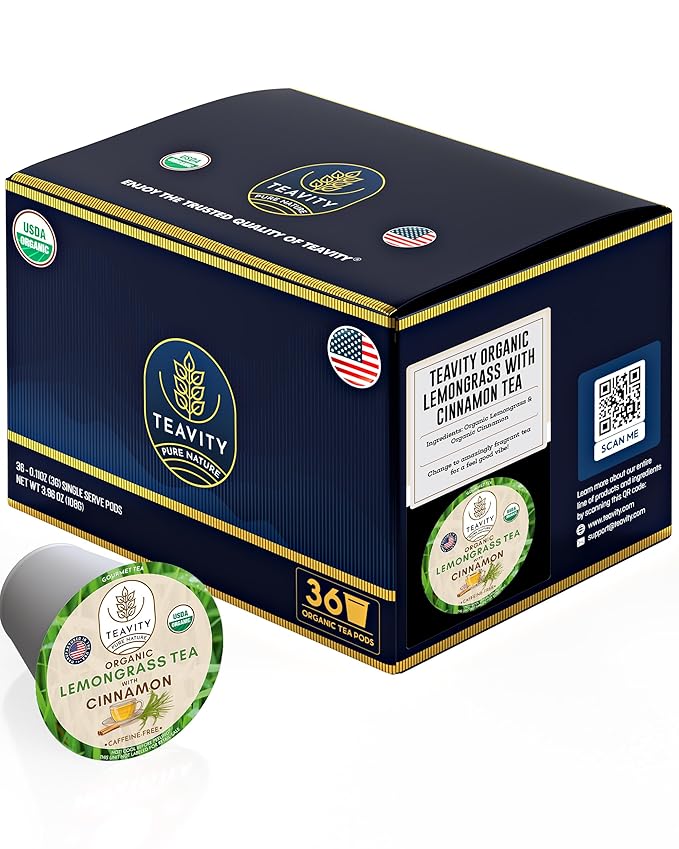 Teavity Organic Lemongrass and Cinnamon Tea Pods for Keurig - Naturally Decaffeinated Herbal Tea Blend (36 Pods)