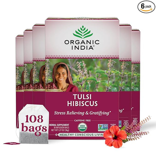 Organic India Tulsi Hibiscus Tea Bags - Holy Basil Herbal Tea, Stress Relieving, Immune Support, USDA Organic, Calming, Caffeine Free- 18 Bags, 6 Pack