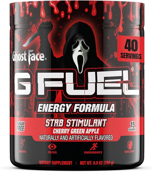 G Fuel Ghost Face Energy Drink Powder, Pre Workout Caffeine Mix for Gaming, Sugar Free Focus Amino, Vitamin + Antioxidants, 9.9oz (Cherry Green Apple, 40 Servings)