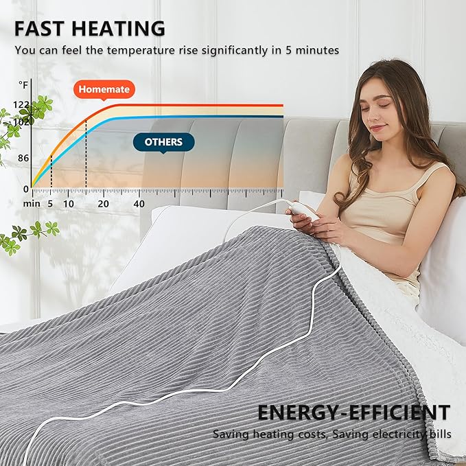 Homemate Electric Heated Blanket Twin Size - 62"x84" Heating Blanket Twin Size 1/2/4/6/8 Hours Auto-Off 10 Heat Level Over-Heat Protection Soft Flannel Sherpa ETL Certification