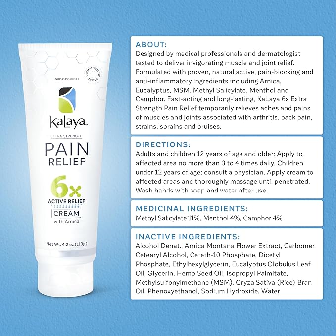 Kalaya Pain Relief Cream with Arnica for Muscles and Joints – 6 Natural Active Ingredients with Long Lasting and Fast Acting Relief in 3 Minutes - Dermatologist Tested to Soothe Tension - 4.2 oz