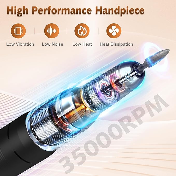 Professional Nail Drill Machine, HoMove 35000RPM Portable Nail Drills, Rechargeable Efile Nails Drill, Low Heat Electric Nail File for Acrylic Gel Nails（Pearl White）