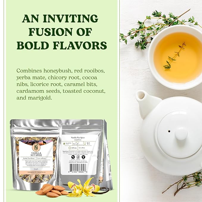 Nelson's Tea Vanilla Nut Spice - Cut & Sifted, Low Caffeine Rooibos Loose Leaf Tea with Honeybush, Yerba Mate, Chicory Root, Licorice Root, Cardamom Seeds, Coconut and Marigold Herbal Blend (Sample 0.4 Oz)