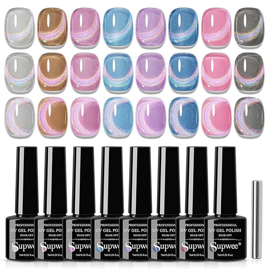 Rainbow Cat Eye Nail Gel Polish Set, Sparkle Holographic 9D Cateye Nail Polish Gels Magnetic Gel Soak Off Lamp Gels Varnish Nail Salon Kit (0.24fl oz)