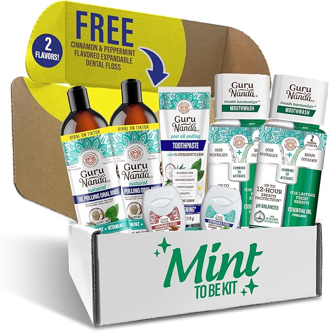 GuruNanda Mint to Be Kit – CocoMint Oil Pulling, Hydroxyapatite Neem Toothpaste, & Dual Barrel Breath Harmonizer Mouthwash for Fresh Breath & Oral Care