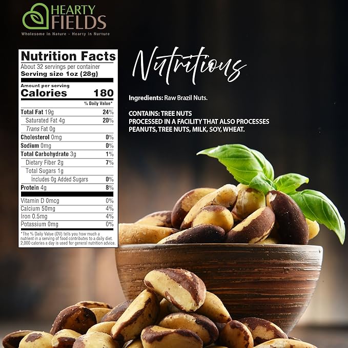 Hearty Fields - Raw Brazil Nuts Unsalted, No Shell, Whole, (32 Oz - 2 LB) Wholesome In Nature - Hearty In Nurture Healthy Protein Food Snack, Food Assortments