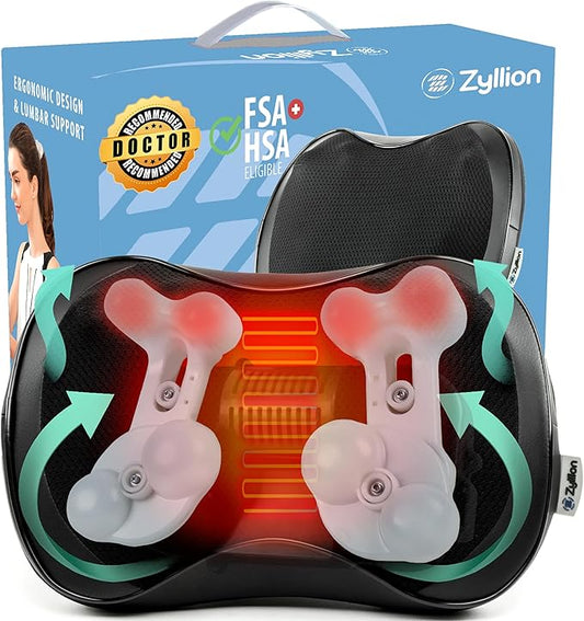 Zyllion Shiatsu Back and Neck Massager with Heat - 3D Electric Kneading Deep Tissue Massage Pillow with 8 Massaging Nodes for Muscle Pain Relief, Black, ZMA-25
