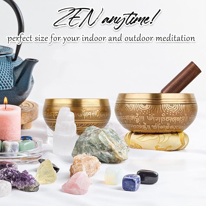 2-Pack Tibetan Singing Bowls Set - 100% Handmade in Nepal, Sound Bowl Meditation Set for Yoga, Chakra Healing, Meditation Gifts, Unique Gifts for Women (Yellow, 3.15 + 4 inch)