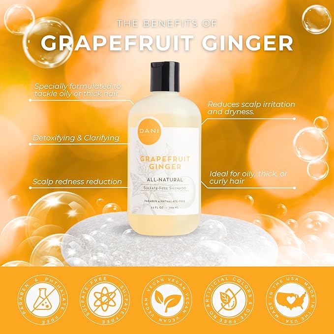 DANI Naturals Sulfate-Free Shampoo - Grapefruit Ginger – Detoxifying & Clarifying Formula for Oily, Thick & Curly Hair, 12 oz – Nourishing, Vegan, & Color-Safe