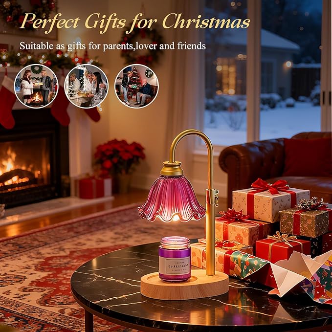 Candle Warmer Lamp with Adjustable Height - Flameless 4-Level Dimmable Wax Warmer with Colorful Glass Shade & Wooden Base, Timer Function & Stylish Design in Multiple Colors (Purple)