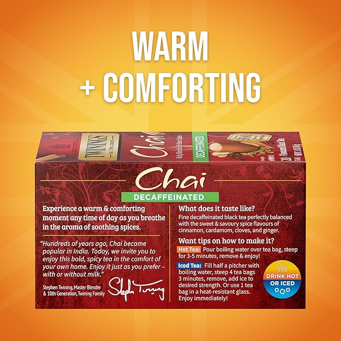 Twinings Decaffeinated Chai Individually Wrapped Bags, 20 Count (Pack of 1), Sweet, Savoury Spices, Enjoy Hot or Iced, 20 Teabags