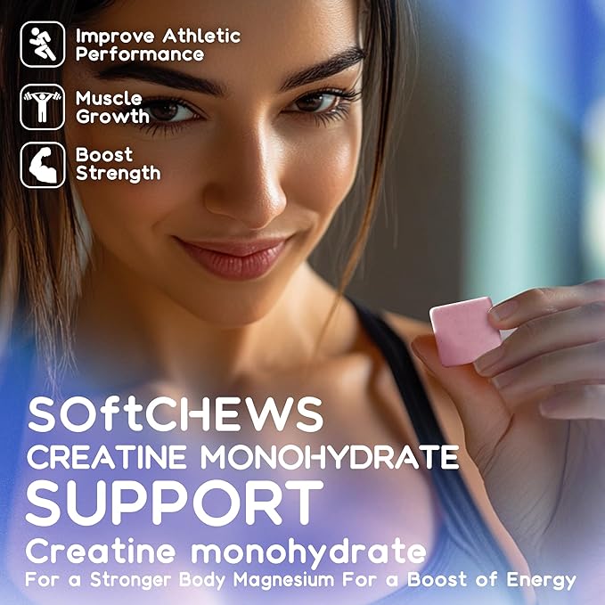Creatine Monohydrate Soft Chews Complex 6400mg for Men & Women -Advanced Formula W/L-Taurine + Vitamin B12, Sugar Free Chewable Supplement,60 Blueberry Softchews