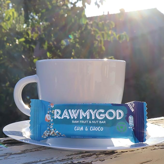 RAWMYGOD Fruit and Nut Bars, Good Source of Protein (10g, 25% protein content), Gluten Free, Vegan, No Added Sugar (16 bars, Chia & Choco)