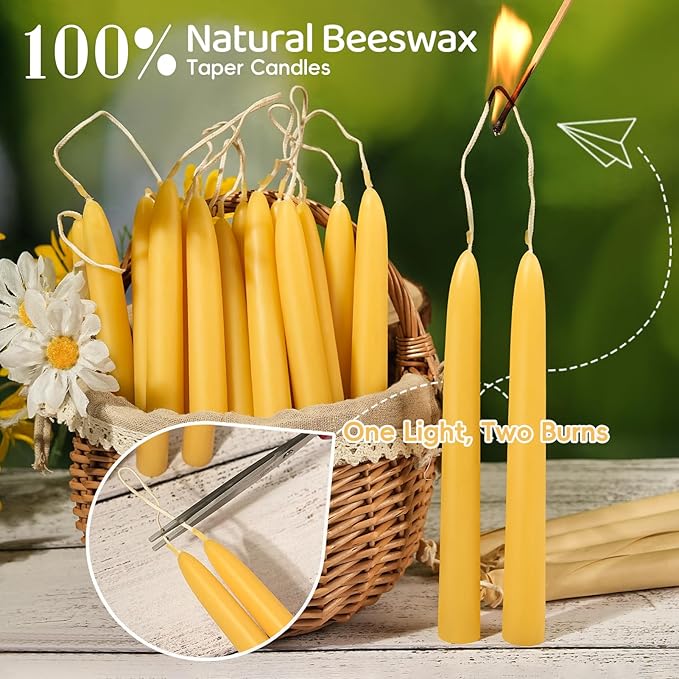 30 Pack Beeswax Taper Candles,8 inch Tall - Dripless and Smokeless All Natural Beeswax Candles Sticks,8 Hours Long Lasting Burning Time,100% Nontoxic Unscented Bee Wax Candle for Home