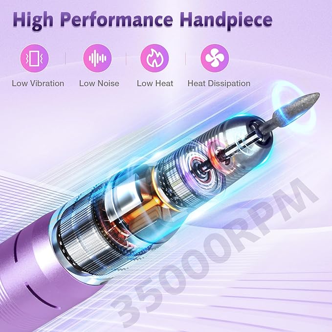 Professional Nail Drill Machine, HoMove 35000RPM Portable Nail Drills, Rechargeable Efile Nails Drill, Low Heat Electric Nail File for Acrylic Gel Nails（Violet）
