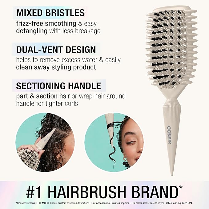 CONAIR Curl Define Pro Hairbrush - curly hair brush products - dual-vented designed to smooth, separate, and define curls - unique tapered handle for sectioning - Ivory