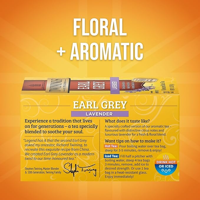 Twinings Earl Grey Lavender Black Tea Individually Wrapped Bags, 20 Count (Pack of 1), Citrus, Bergamot & Floral, Caffeinated, Enjoy Hot or Iced, 20 Teabags