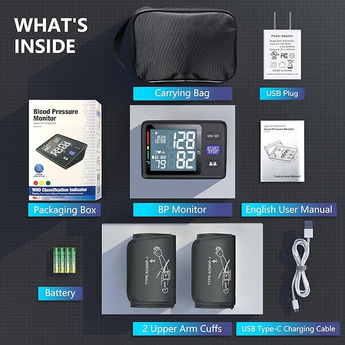 Blood Pressure Monitor Upper Arm, 2 Size Cuffs 9"-17" & 13"-21", Fit from Medium to XL Extra Large Arms, Automatic Digital BP Cuffs for Home Use, Large LCD with Backlit, BP Machine 2-User